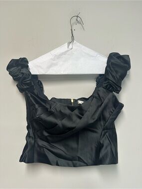 LoveShackFancy Black Satin Ruffle-Shoulder Crop Top